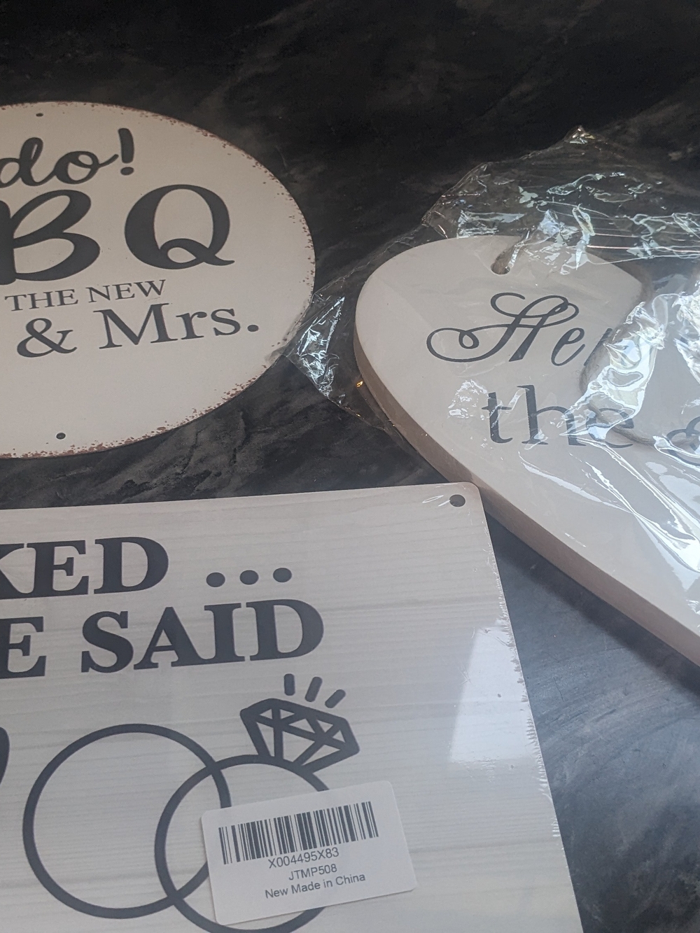 Wedding Sign Set - Cream and Black Heart & Round Party Signs Wooden NWT